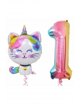 Unicorn Kedi Balon Gökkuşağı Renkli Sayı Doğum Günü Set Yaş 1