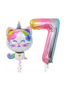 Unicorn Kedi Balon Gökkuşağı Renkli Sayı Doğum Günü Set Yaş 7