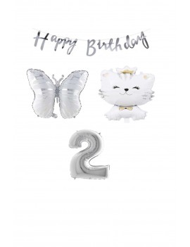 Happy Bırthday Banner Sevimli Kedi Kelebek ve Rakam Folyo Balon Seti Yaş 2