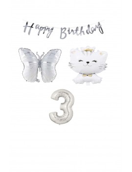 Happy Bırthday Banner Sevimli Kedi Kelebek ve Rakam Folyo Balon Seti Yaş 3