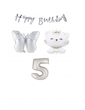 Happy Bırthday Banner Sevimli Kedi Kelebek ve Rakam Folyo Balon Seti Yaş 5