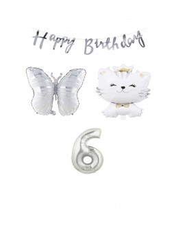 Happy Bırthday Banner Sevimli Kedi Kelebek ve Rakam Folyo Balon Seti Yaş 6