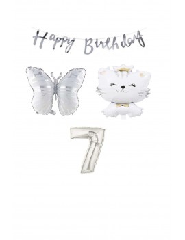 Happy Bırthday Banner Sevimli Kedi Kelebek ve Rakam Folyo Balon Seti Yaş 7