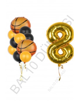 Gold Renk Rakam Basketbol Topu Folyo ve Latex Balon Seti Yaş 8