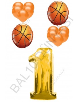 Basketbol Topu ve Gold Renk Rakam Folyo ve Latex Balon Seti Yaş 1