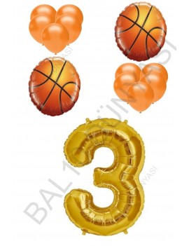 Basketbol Topu ve Gold Renk Rakam Folyo ve Latex Balon Seti Yaş 3