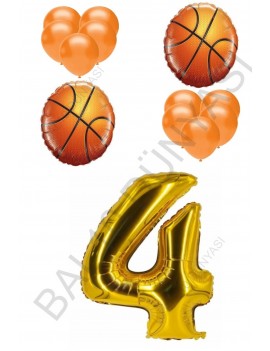 Basketbol Topu ve Gold Renk Rakam Folyo ve Latex Balon Seti Yaş 4