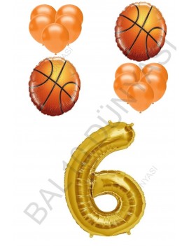 Basketbol Topu ve Gold Renk Rakam Folyo ve Latex Balon Seti Yaş 6