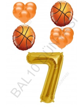 Basketbol Topu ve Gold Renk Rakam Folyo ve Latex Balon Seti Yaş 7