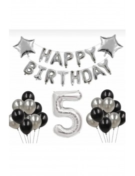 Gümüş 5 Yaş Happy Bırthday Folyo Balonlu Yıldızlı Set 