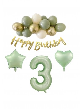 3 Yaş Happy Bırthday Yazılı Banner Su Yeşili Renk Rakam Kalp Yıldız Folyo ve Latex Balon Seti