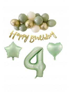 4 Yaş Happy Bırthday Yazılı Banner Su Yeşili Renk Rakam Kalp Yıldız Folyo ve Latex Balon Seti