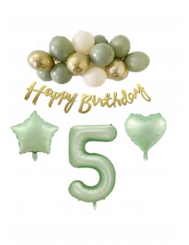 5 Yaş Happy Bırthday Yazılı Banner Su Yeşili Renk Rakam Kalp Yıldız Folyo ve Latex Balon Seti