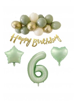 6 Yaş Happy Bırthday Yazılı Banner Su Yeşili Renk Rakam Kalp Yıldız Folyo ve Latex Balon Seti