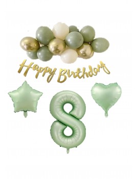 8 Yaş Happy Bırthday Yazılı Banner Su Yeşili Renk Rakam Kalp Yıldız Folyo ve Latex Balon Seti