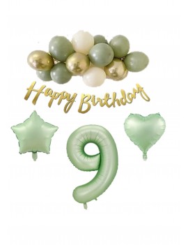 9 Yaş Happy Bırthday Yazılı Banner Su Yeşili Renk Rakam Kalp Yıldız Folyo ve Latex Balon Seti