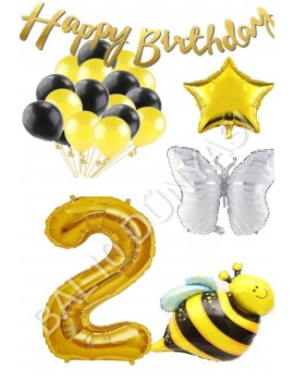 Happy Bırthday Banner ve Arı Kelebek Karakterli Yıldız Folyo Balon Seti Yaş 2