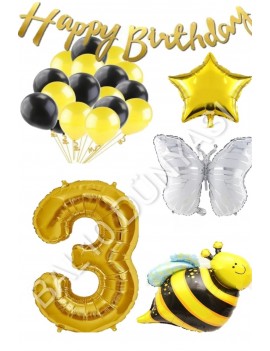 Happy Bırthday Banner ve Arı Kelebek Karakterli Yıldız Folyo Balon Seti Yaş 3