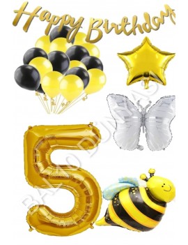 Happy Bırthday Banner ve Arı Kelebek Karakterli Yıldız Folyo Balon Seti Yaş 5