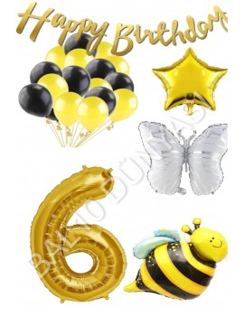 Happy Bırthday Banner ve Arı Kelebek Karakterli Yıldız Folyo Balon Seti Yaş 6