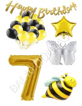 Happy Bırthday Banner ve Arı Kelebek Karakterli Yıldız Folyo Balon Seti Yaş 7