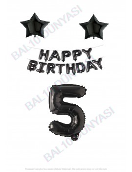 Happy Bırthday Siyah Renk Folyo Balon Yıldız Folyo ve Rakam Seti Yaş 5