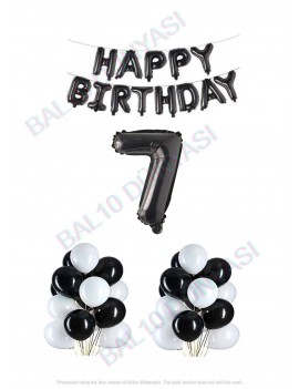 Happy Bırthday Siyah Renk Folyo Balon Latex Balon  ve Folyo Rakam Seti Yaş 7